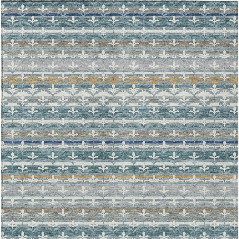 Teal blue and ivory damask indoor outdoor rug with repeating leaf stripe pattern