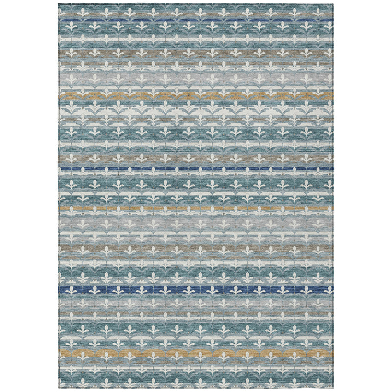 Teal blue and ivory damask area rug with horizontal foliate stripes and border
