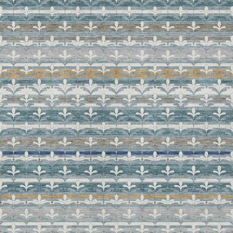 Teal blue damask area rug with ivory horizontal stripe pattern and subtle gold accents