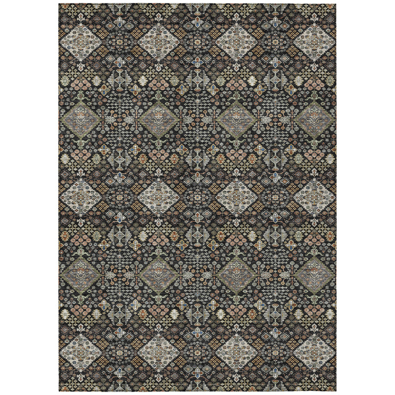 Rectangular geometric area rug, dark charcoal/black with multicolor repeating diamond motifs