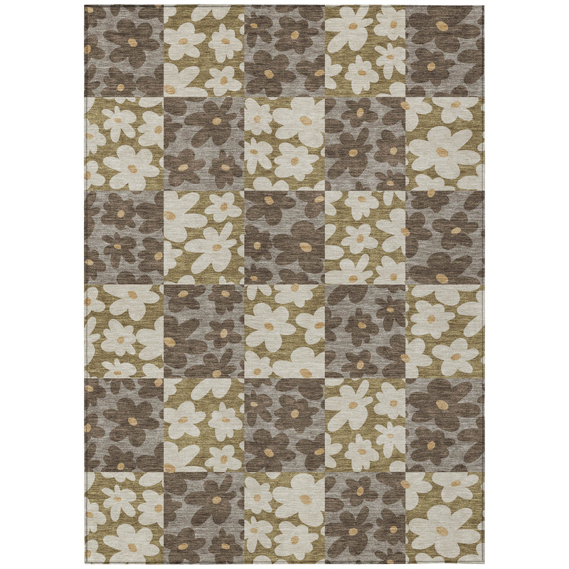 Floral patchwork area rug with alternating brown and cream flower blocks