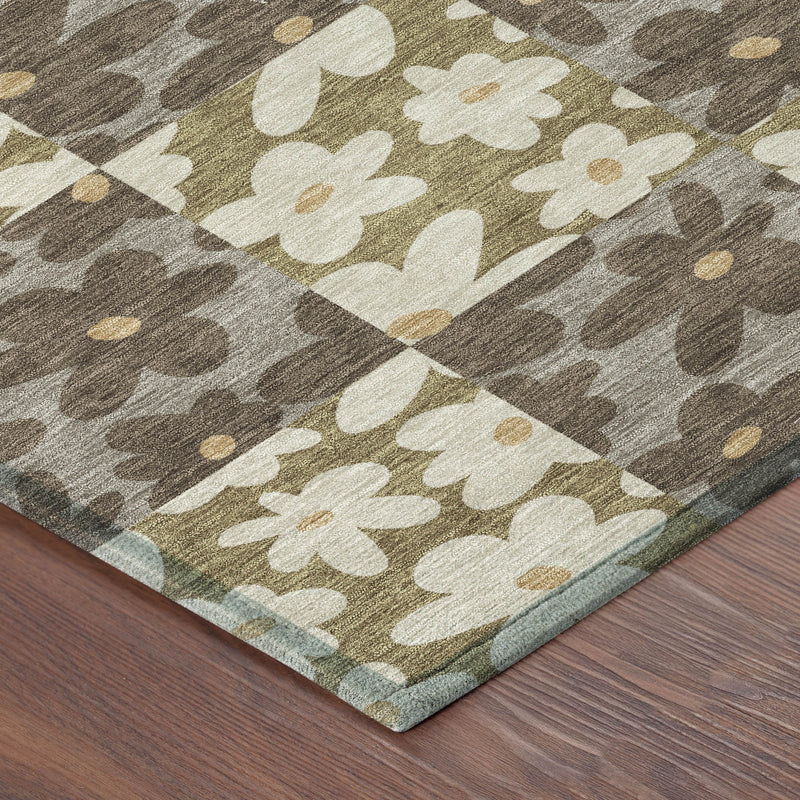 Floral indoor outdoor area rug with cream flowers on brown and olive base