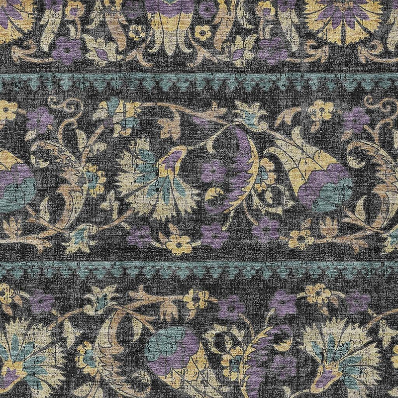Floral damask area rug, charcoal background with teal borders and purple/gold decorative details