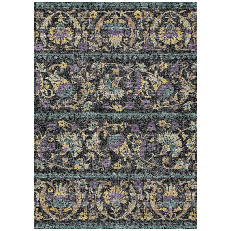 Rectangular floral area rug, charcoal with teal trim and purple and gold ornament pattern