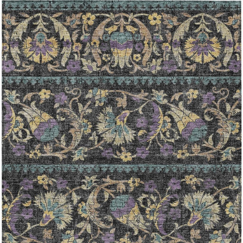 Ornate floral area rug panel, charcoal base with teal border and purple accent details
