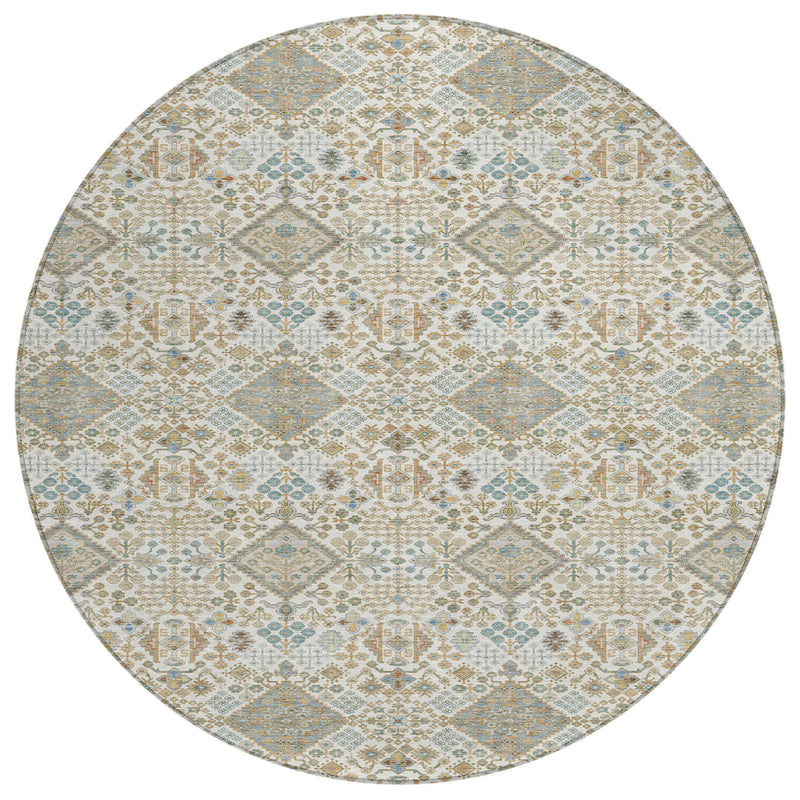 Round area rug, ivory base with blue-green and copper geometric motif, full view