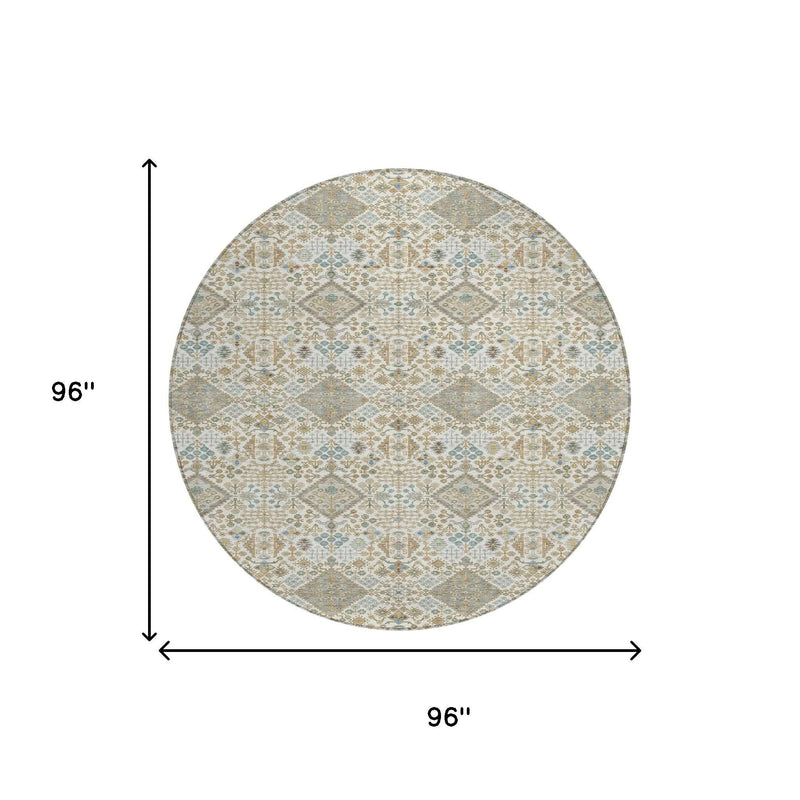 Round area rug with ivory geometric design; 96 in by 96 in size shown