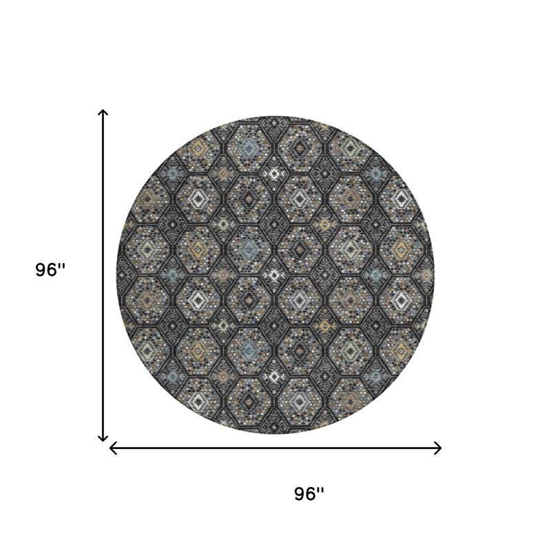 Round area rug, 96 in diameter, dark charcoal geometric hex pattern with light gray and gold