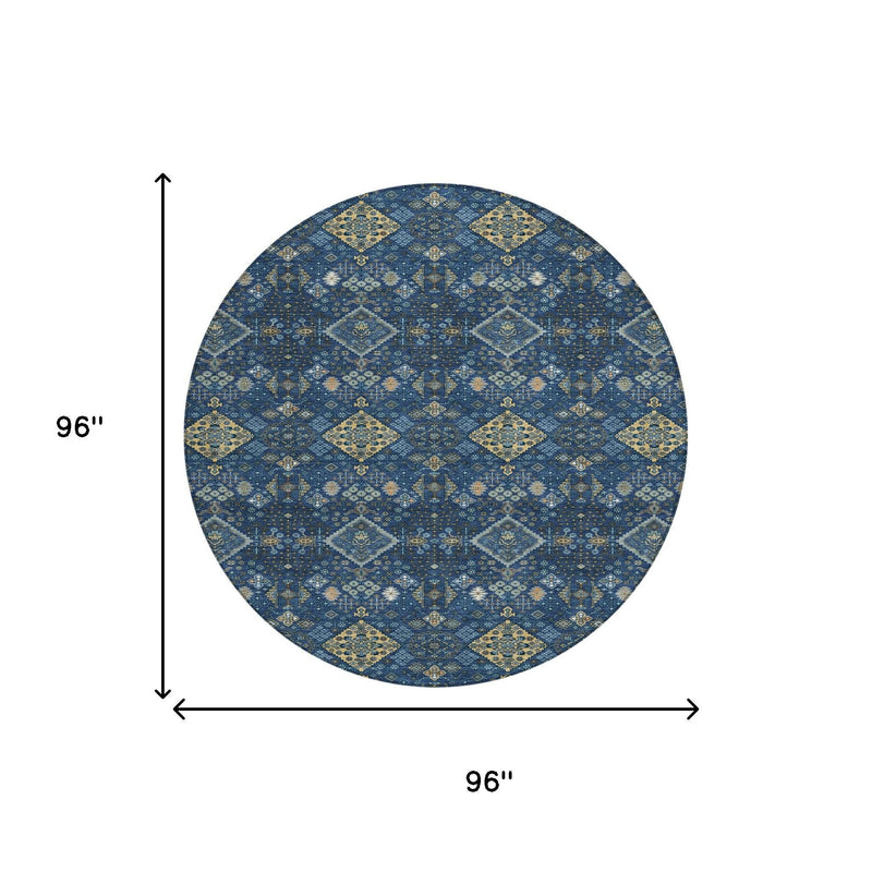 Navy blue and gold round geometric area rug, shown as 96 in diameter.