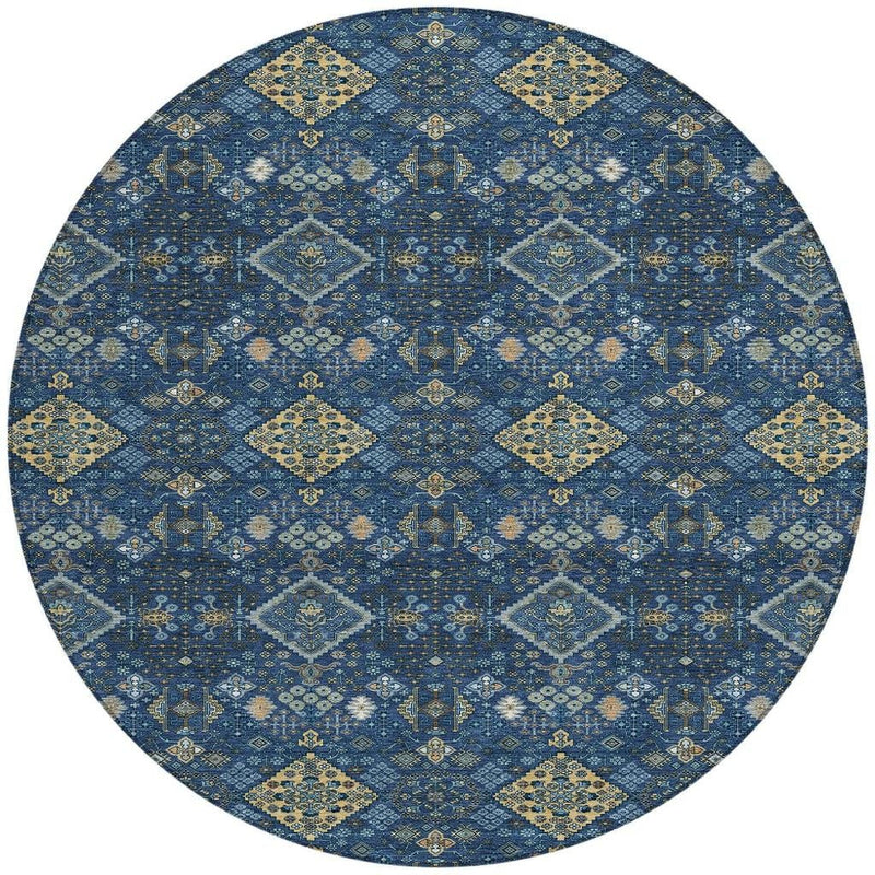 Navy blue and gold round geometric area rug with diamond and floral motif pattern.