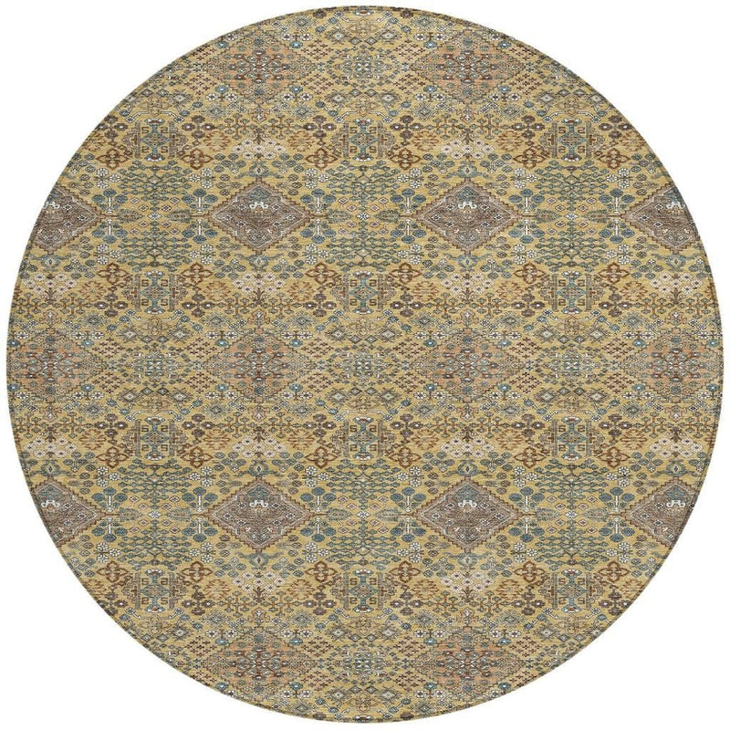 Round area rug with repeating geometric motifs in gold, copper, and blue