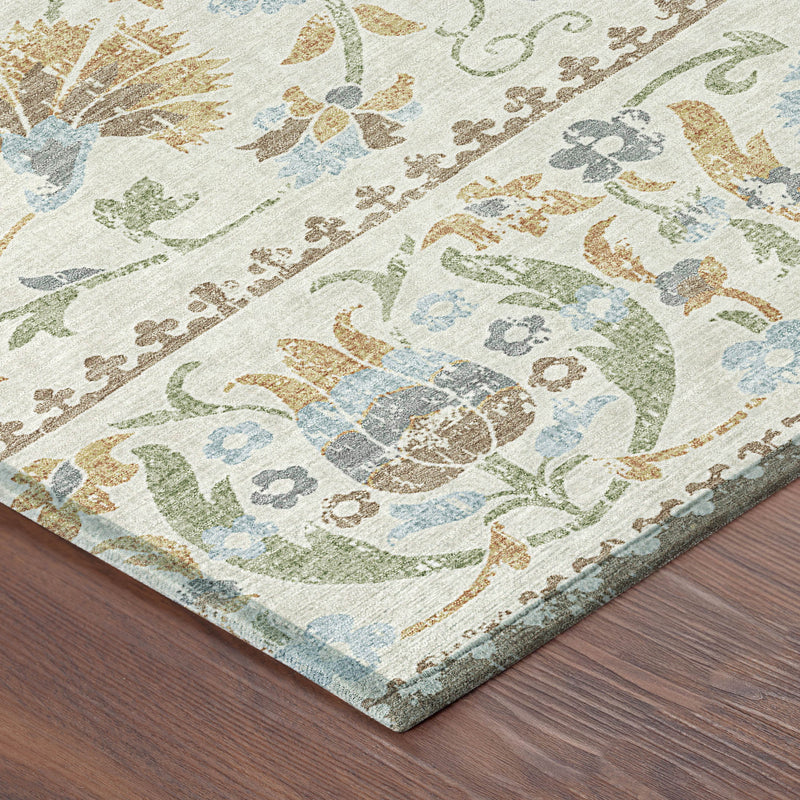 Corner view of round rug showing detailed multicolor animal-and-flower print on ivory