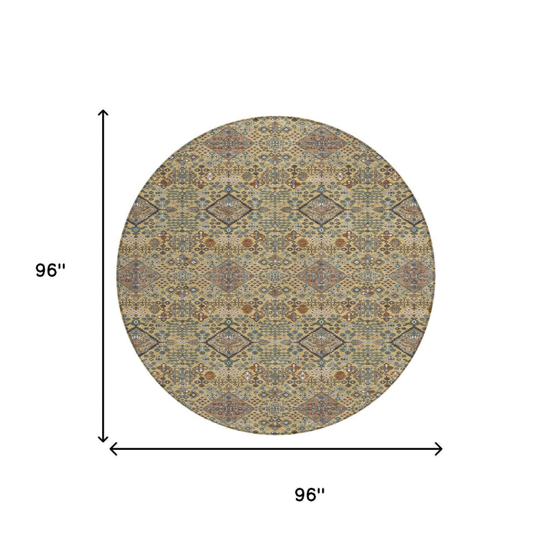 Round geometric area rug with blue and gold lattice motifs and rust-toned accents