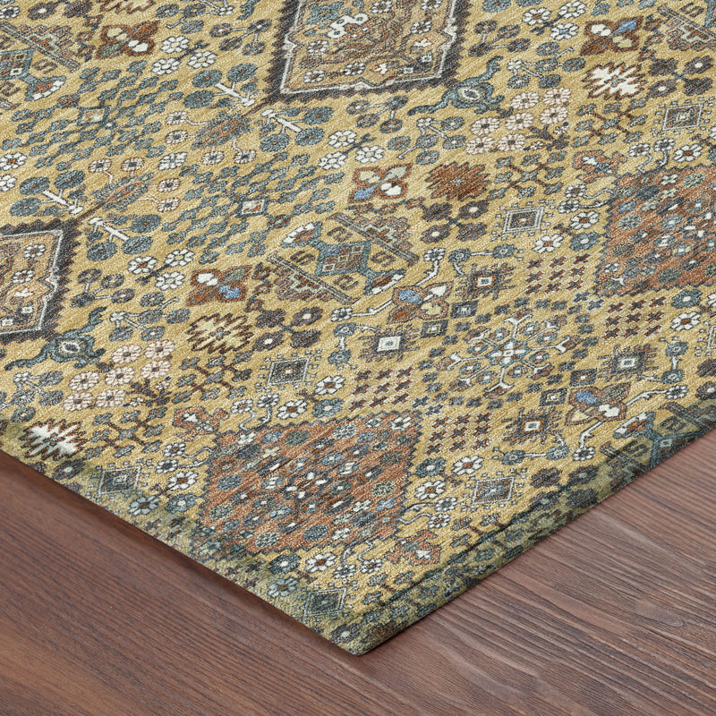 Corner of round geometric area rug with muted blue, tan, and copper diamond pattern