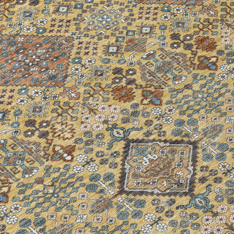 Geometric rug surface with intricate diamond and floral motifs in blue, gold, and copper