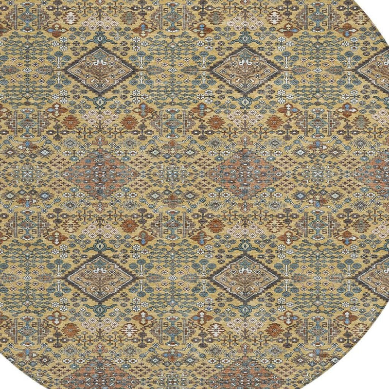 Round geometric area rug with small repeating motifs in blue, tan, and copper