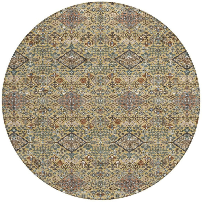 Round geometric area rug with medallion squares in blue, gold, copper, and tan