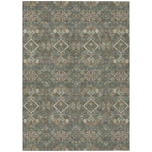 Geometric area rug with teal-green and taupe diamond pattern, small multicolor accents