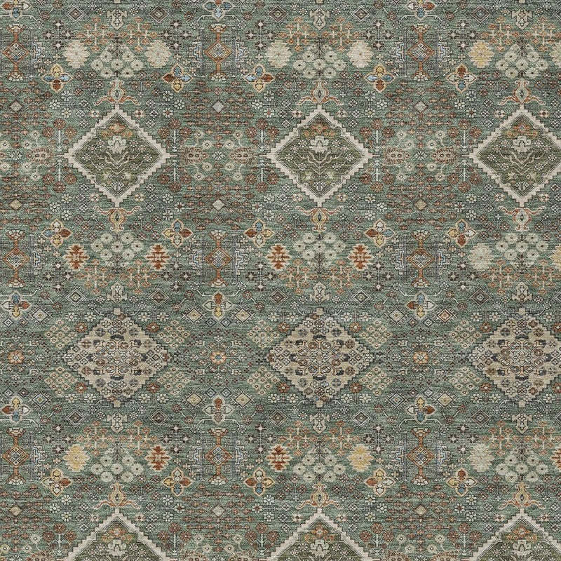 Geometric indoor outdoor rug, teal-green field with taupe-and-cream diamond medallions