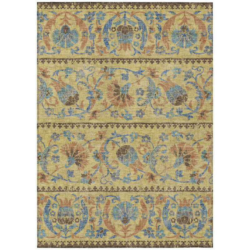 Rectangular floral area rug in gold, teal, and brown with ornate medallions