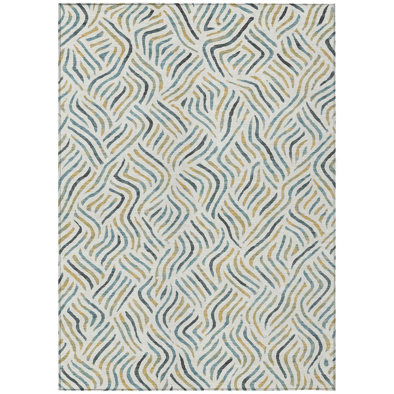 Ivory abstract area rug with dense wavy stripes in blue and gold on light base