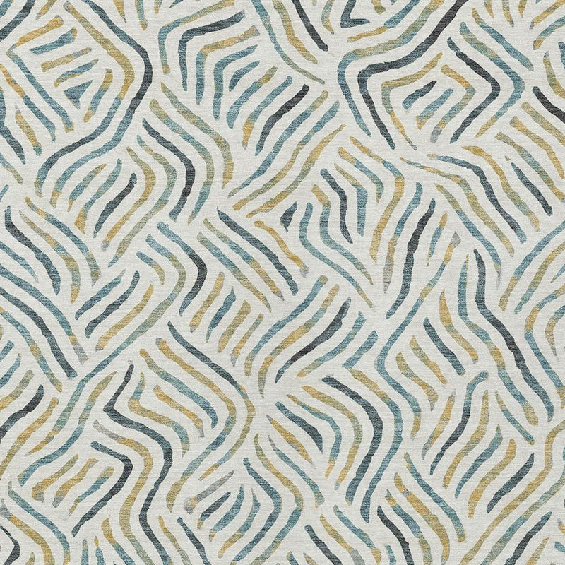 Ivory abstract area rug repeating wavy line pattern in blue and gold tones