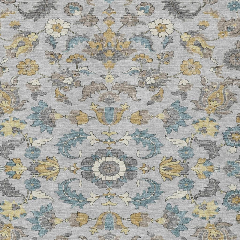 Floral area rug with symmetrical medallion design in light gray, blue, and yellow.