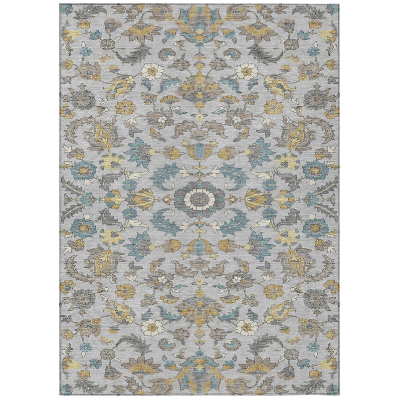 Floral area rug in light gray with silver, blue, and yellow ornamental medallion pattern.