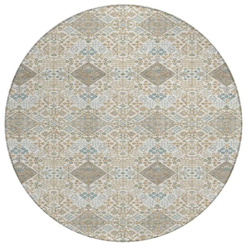 Round area rug with ivory and teal geometric repeat and copper accents