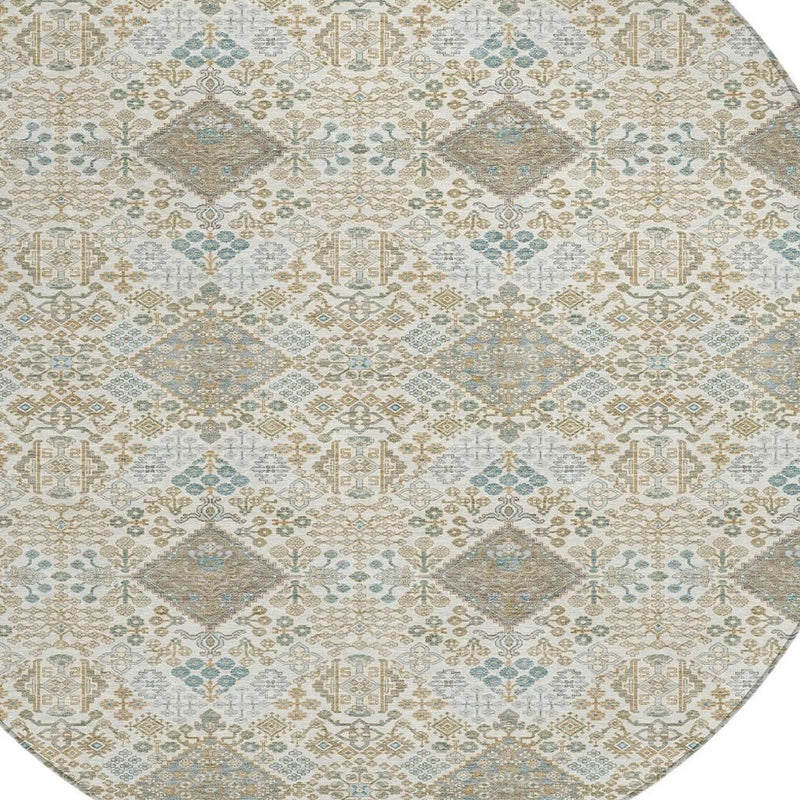 Round area rug pattern view: ivory base with teal and copper lattice motifs