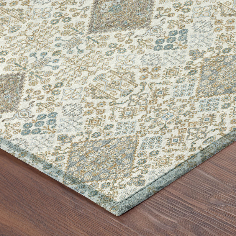 Round area rug corner showing ivory, teal, and copper pattern on flat edge
