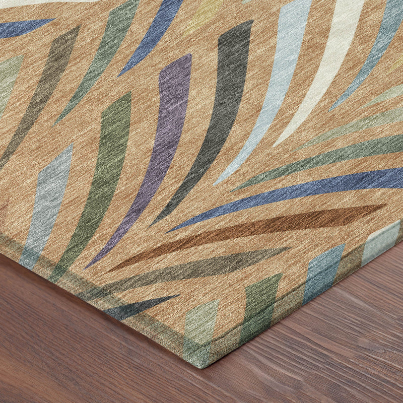 Round area rug corner with woven texture and multicolor abstract stripe pattern