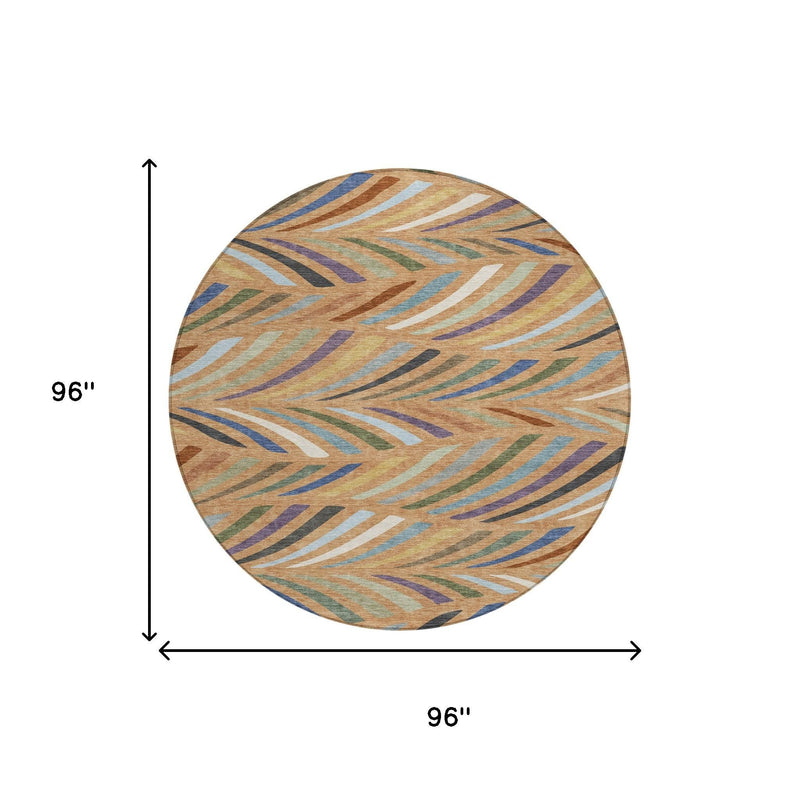Round abstract area rug, 96 in by 96 in, tan and multicolor stripe pattern
