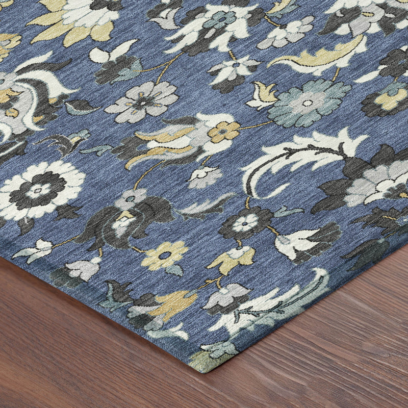 Navy blue floral area rug with wheat and white medallion border and corner