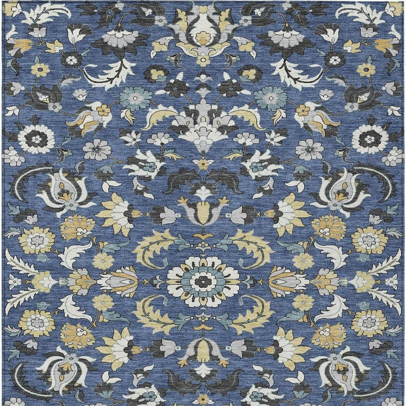 Navy blue floral medallion area rug with wheat and white motifs, washable indoor/outdoor