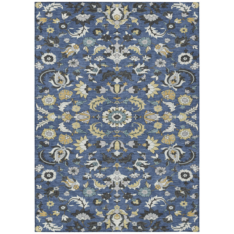 Rectangular navy floral area rug with wheat and white medallion pattern, washable