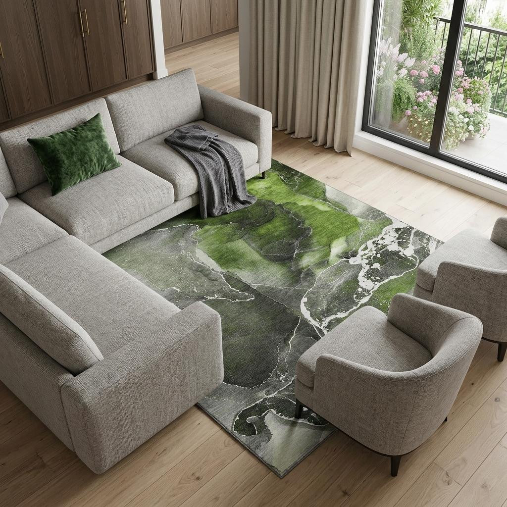 10' X 14' Green And Charcoal Abstract Washable Area Rug With UV Protection - Home & Garden