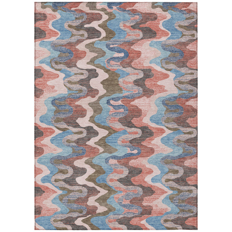 Rectangular multicolor abstract zigzag area rug, pink coral blue gray wavy pattern.