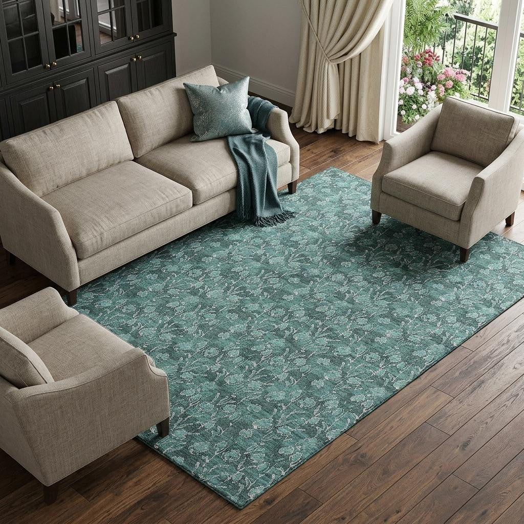 10' X 14' Teal And Ivory Floral Washable Area Rug With UV Protection - Home & Garden