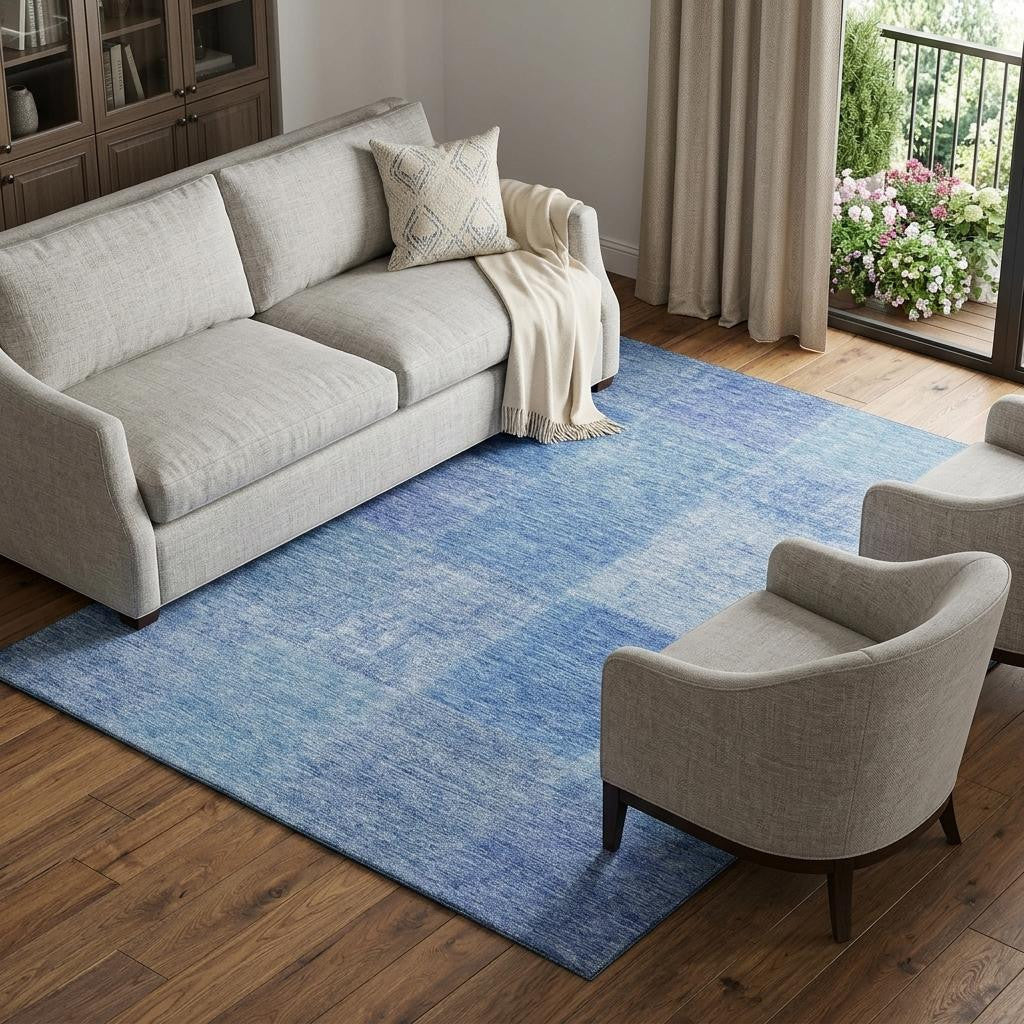 10' X 14' Denim Blue And Ivory Patchwork Washable Area Rug With UV Protection - Home & Garden