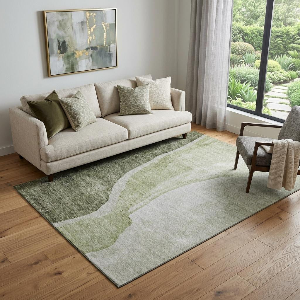 5' X 8' Olive Green And Ivory Abstract Washable Area Rug With UV Protection - Home & Garden