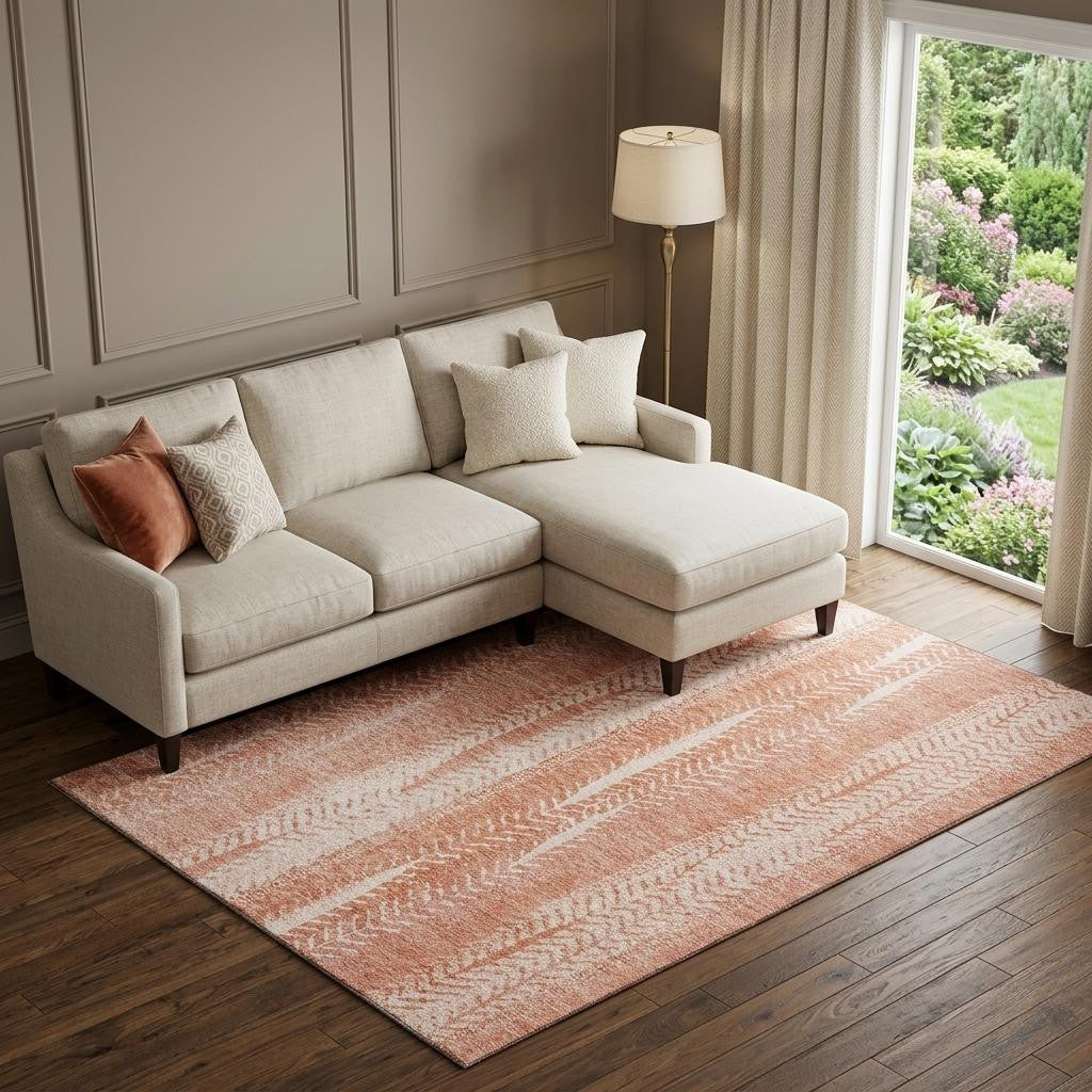 10' X 14' Coral And Ivory Striped Washable Area Rug With UV Protection - Home & Garden