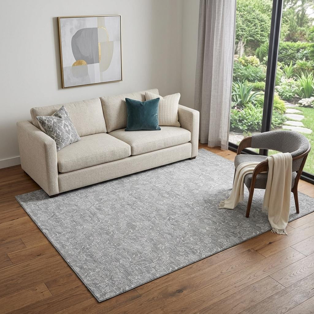 5' X 8' Silver And Ivory Floral Washable Area Rug With UV Protection - Home & Garden