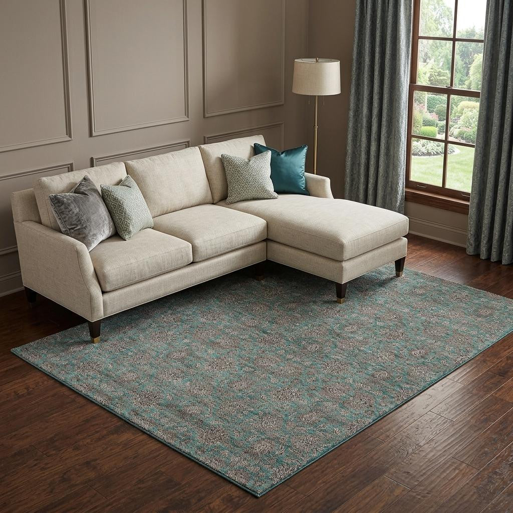 10' X 14' Teal And Beige Floral Washable Area Rug With UV Protection - Home & Garden