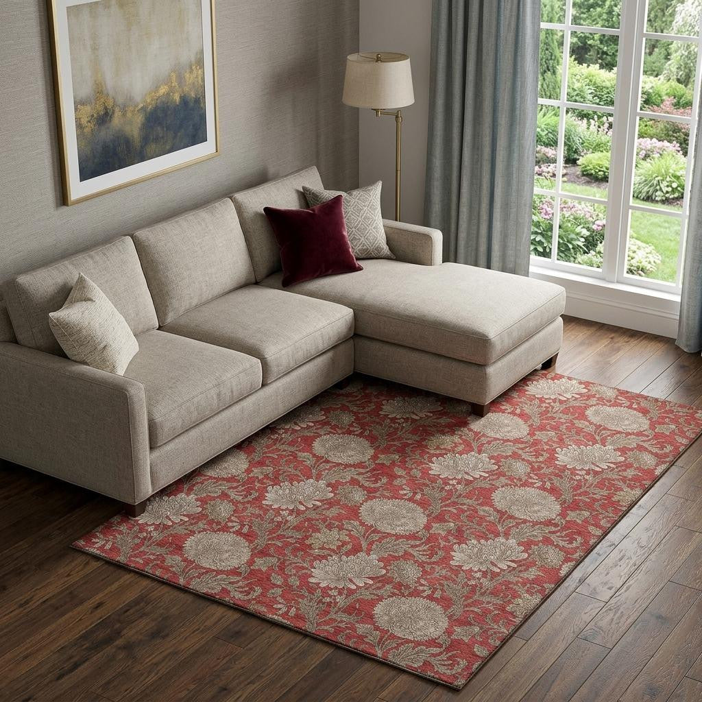 10' X 14' Red And Beige Floral Washable Area Rug With UV Protection - Home & Garden