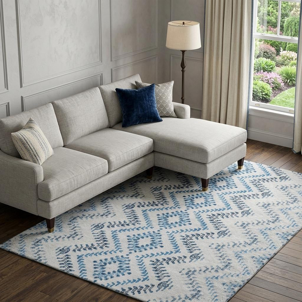 10' X 14' Blue And Ivory Geometric Washable Area Rug With UV Protection - Home & Garden