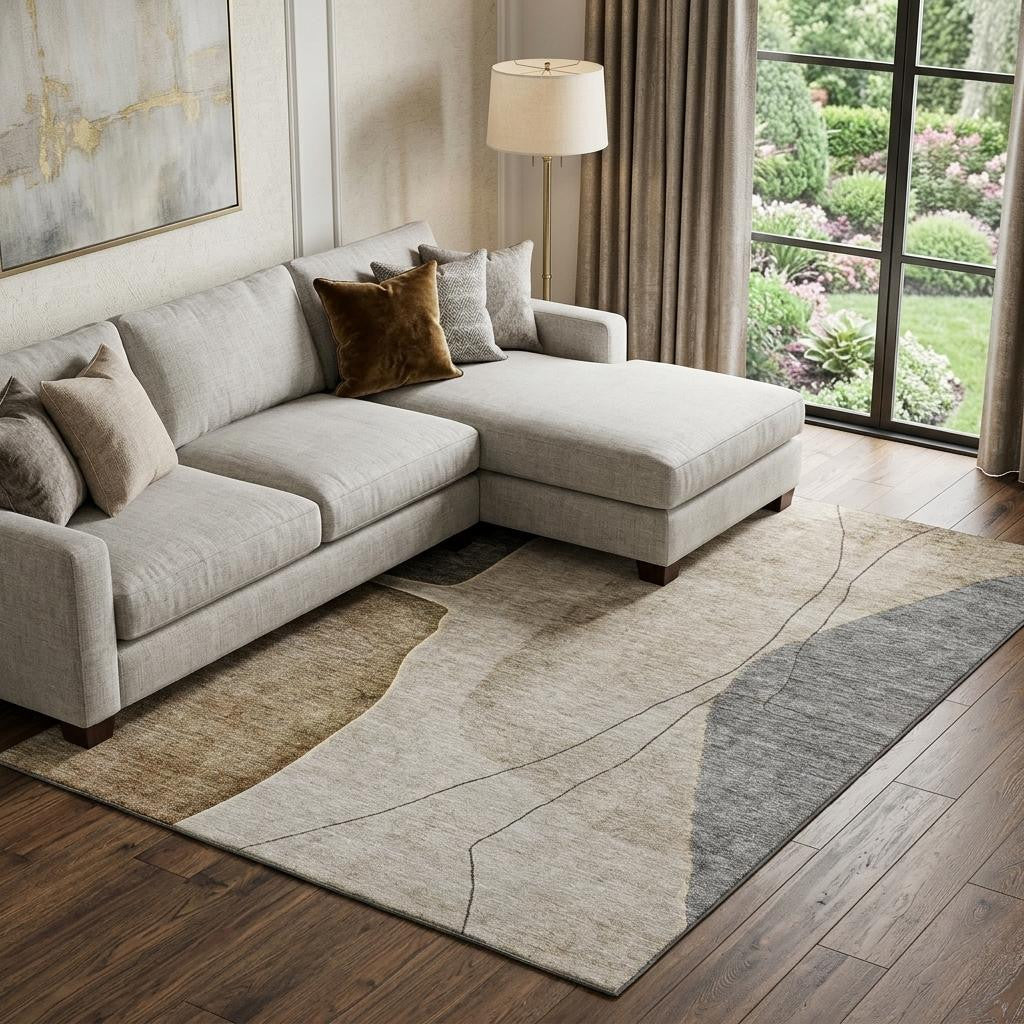 10' X 14' Taupe Beige And Gray Abstract Washable Area Rug With UV Protection - Home & Garden