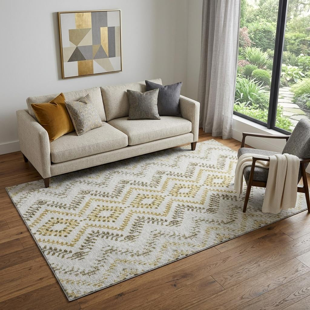 5' X 8' Taupe Ivory And Gold Geometric Washable Area Rug With UV Protection - Home & Garden