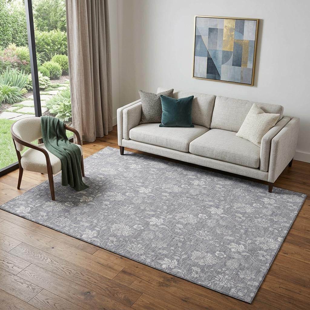 5' X 8' Gray And Ivory Floral Washable Area Rug With UV Protection - Home & Garden