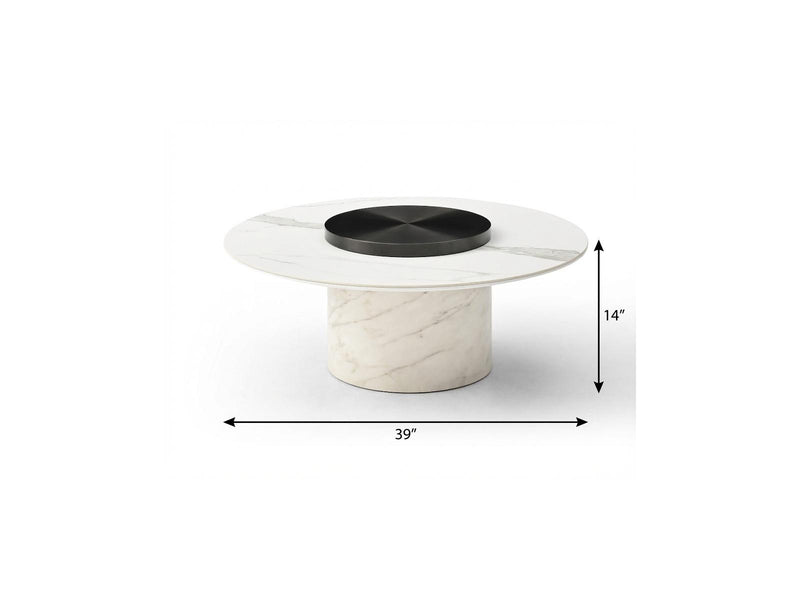 Round faux marble glass pedestal coffee table, 39 in diameter and 14 in height